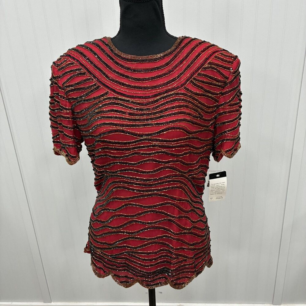 VTG Papell Boutique Evening Women's Large Red Silk Beaded Blouse Cocktail Glam